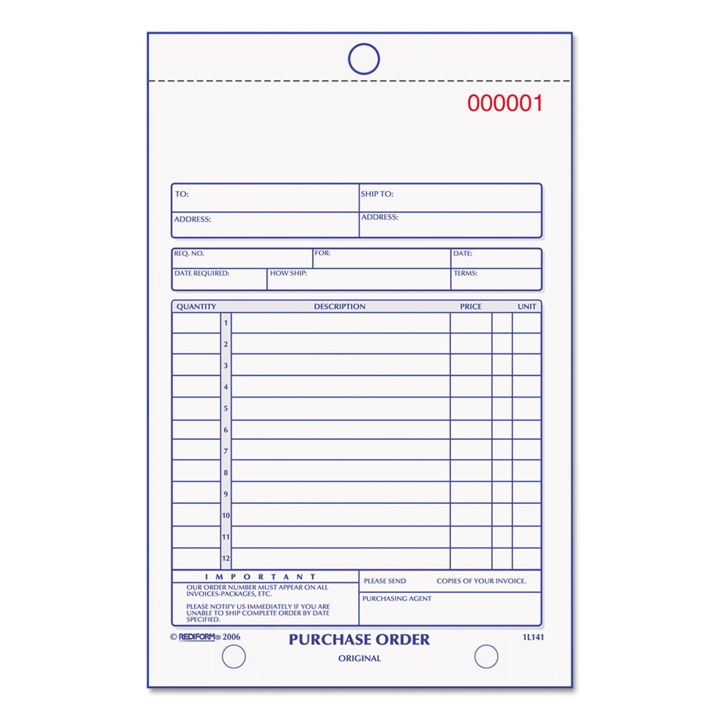 Rediform Purchase Order Book, 12 Lines, Three-Part Carbonless, 5.5 x 7.88, 50 Forms Total (1L141)