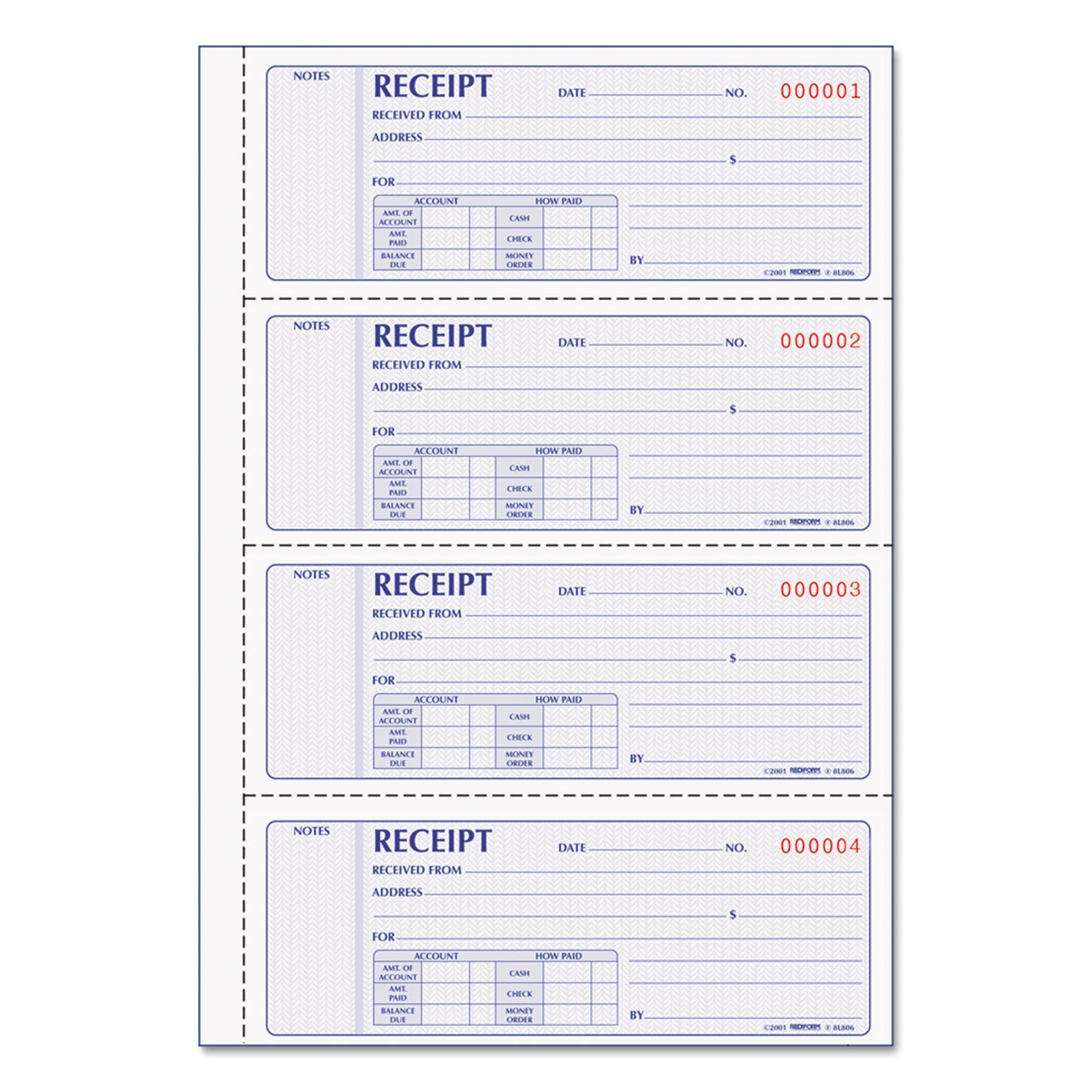 Rediform Money Receipt Book, Softcover, Two-Part Carbonless, 7 x 2.75, 4 Forms/Sheet, 200 Forms Total (8L806)