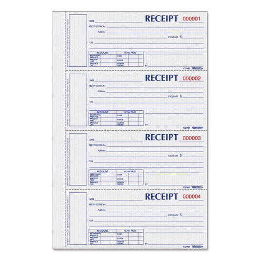 Rediform Durable Hardcover Numbered Money Receipt Book, Three-Part Carbonless, 6.88 x 2.75, 4 Forms/Sheet, 200 Forms Total (S1657NCL)