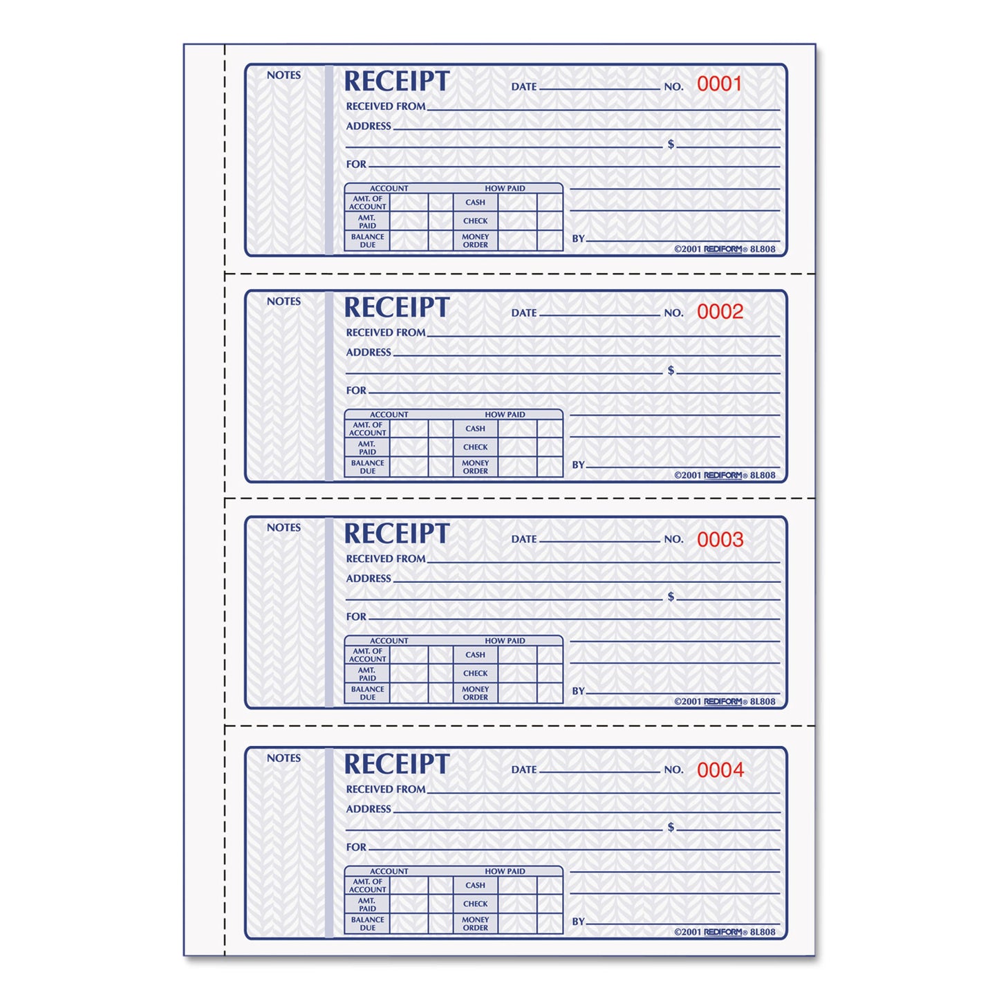 Rediform Money Receipt Book, FormGuard Cover, Three-Part Carbonless, 7 x 2.75, 4 Forms/Sheet, 100 Forms Total (8L808R)
