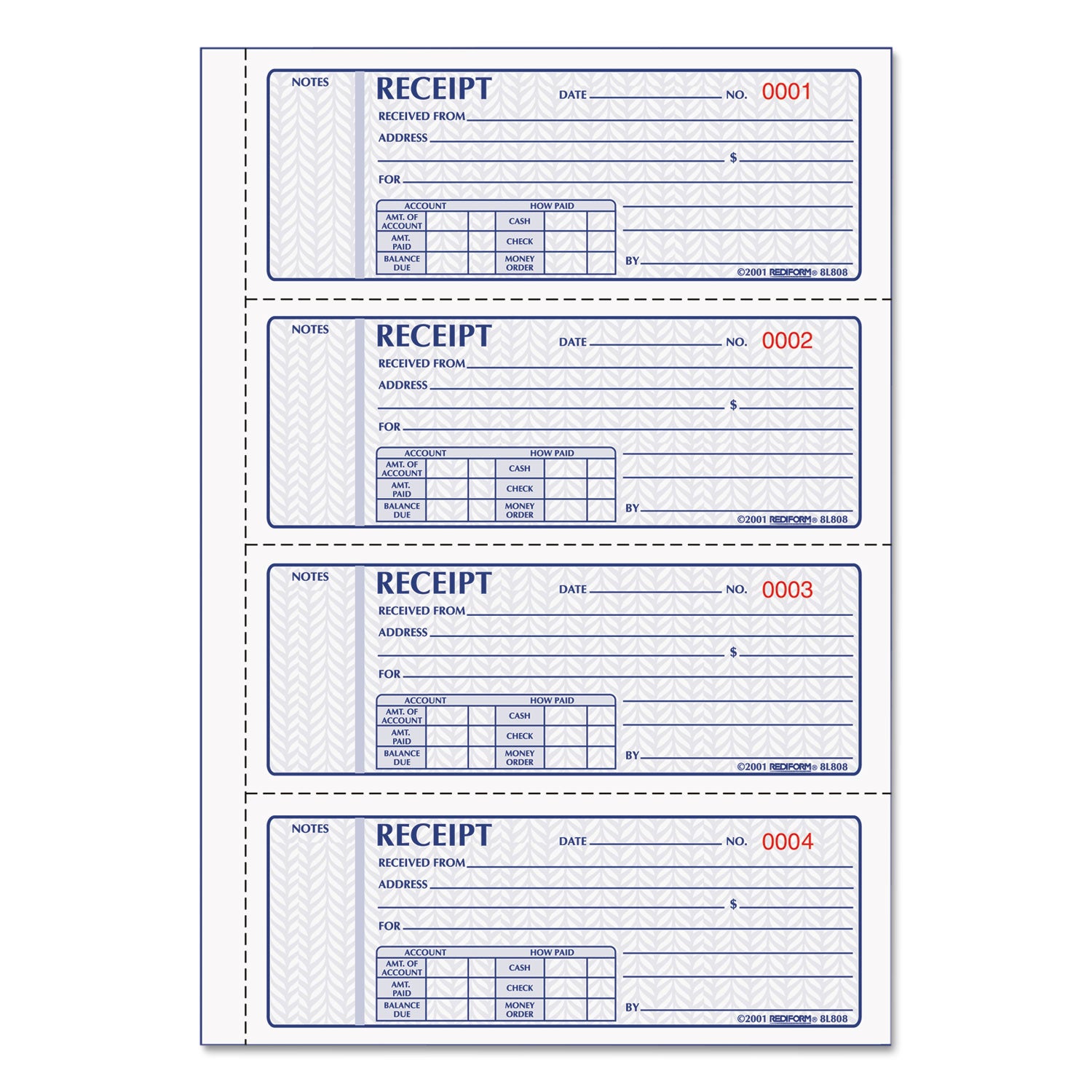 Rediform Money Receipt Book, FormGuard Cover, Three-Part Carbonless, 7 x 2.75, 4 Forms/Sheet, 100 Forms Total (8L808R)