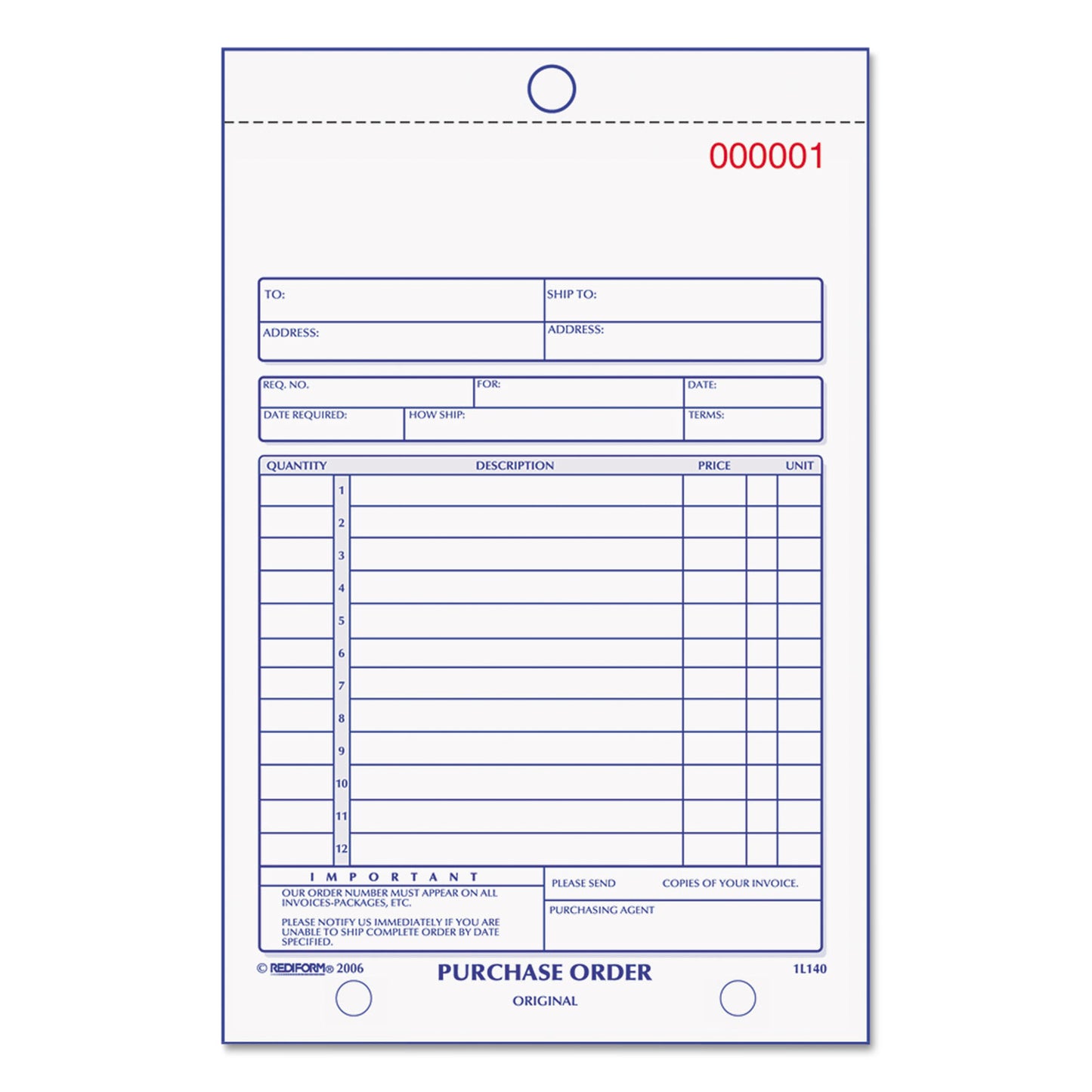 Rediform Purchase Order Book, 12 Lines, Two-Part Carbonless, 5.5 x 7.88, 50 Forms Total (1L140)