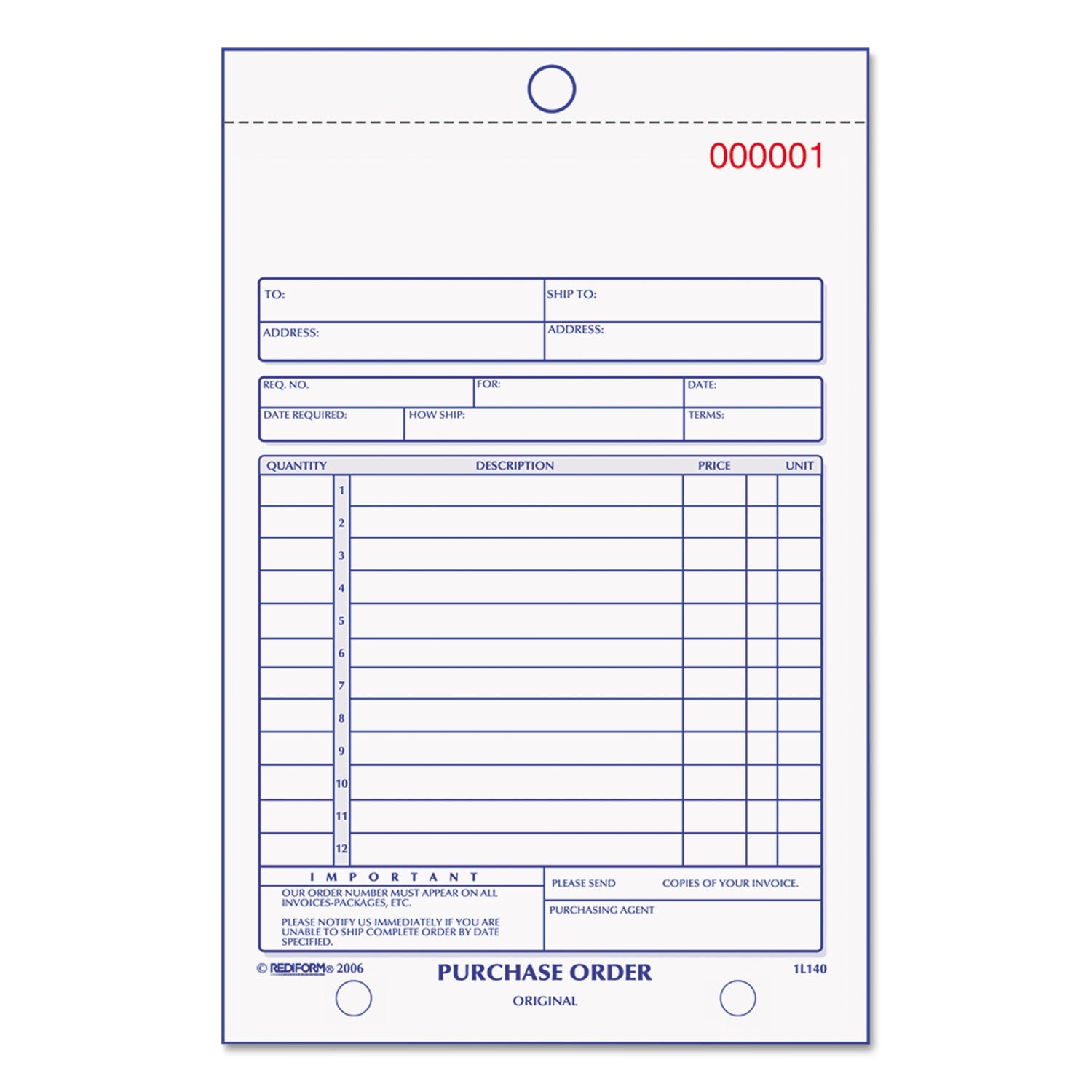 Rediform Purchase Order Book, 12 Lines, Two-Part Carbonless, 5.5 x 7.88, 50 Forms Total (1L140)