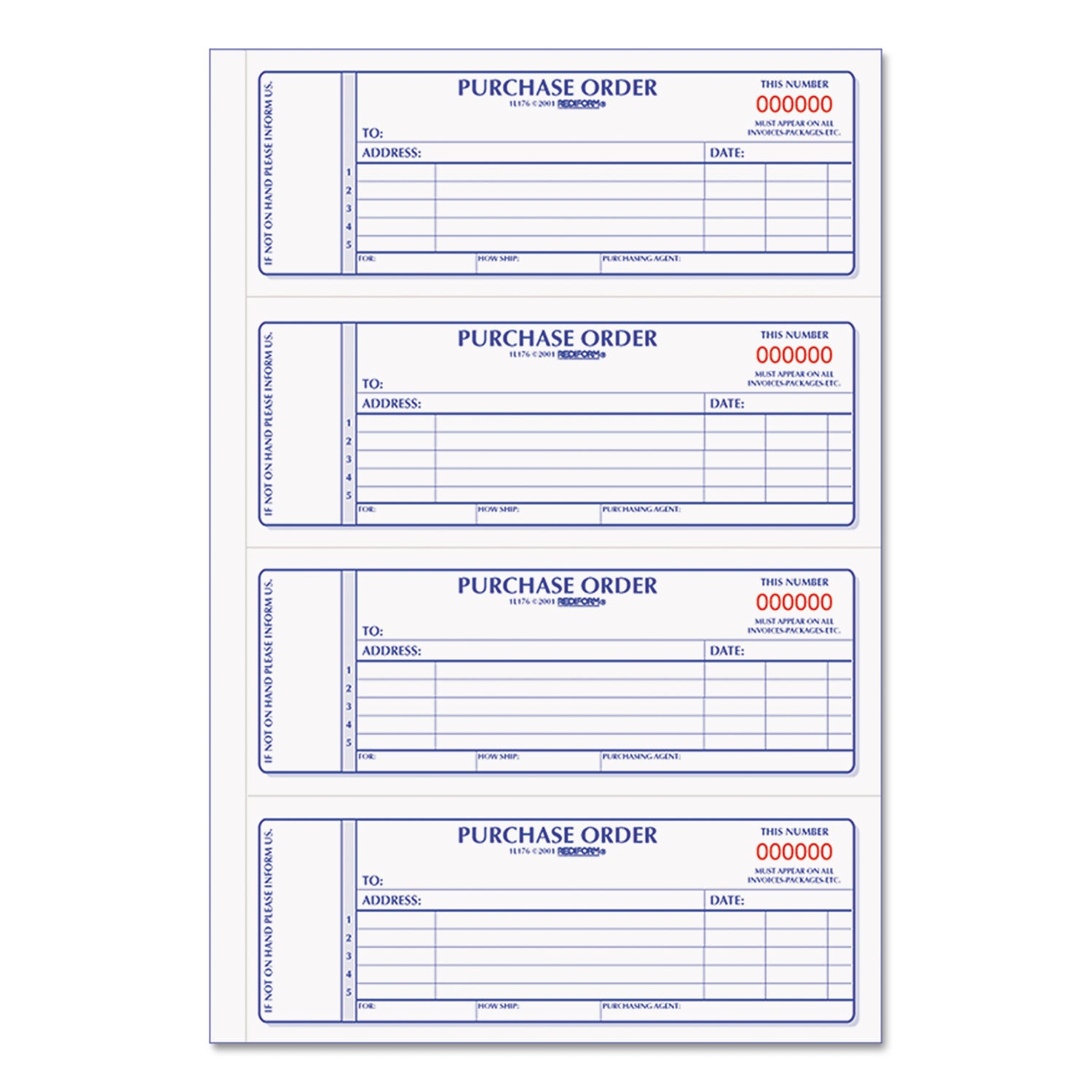 Rediform Purchase Order Book, 5 Lines, Two-Part Carbonless, 7 x 2.75, 4 Forms/Sheet, 400 Forms Total (1L176)