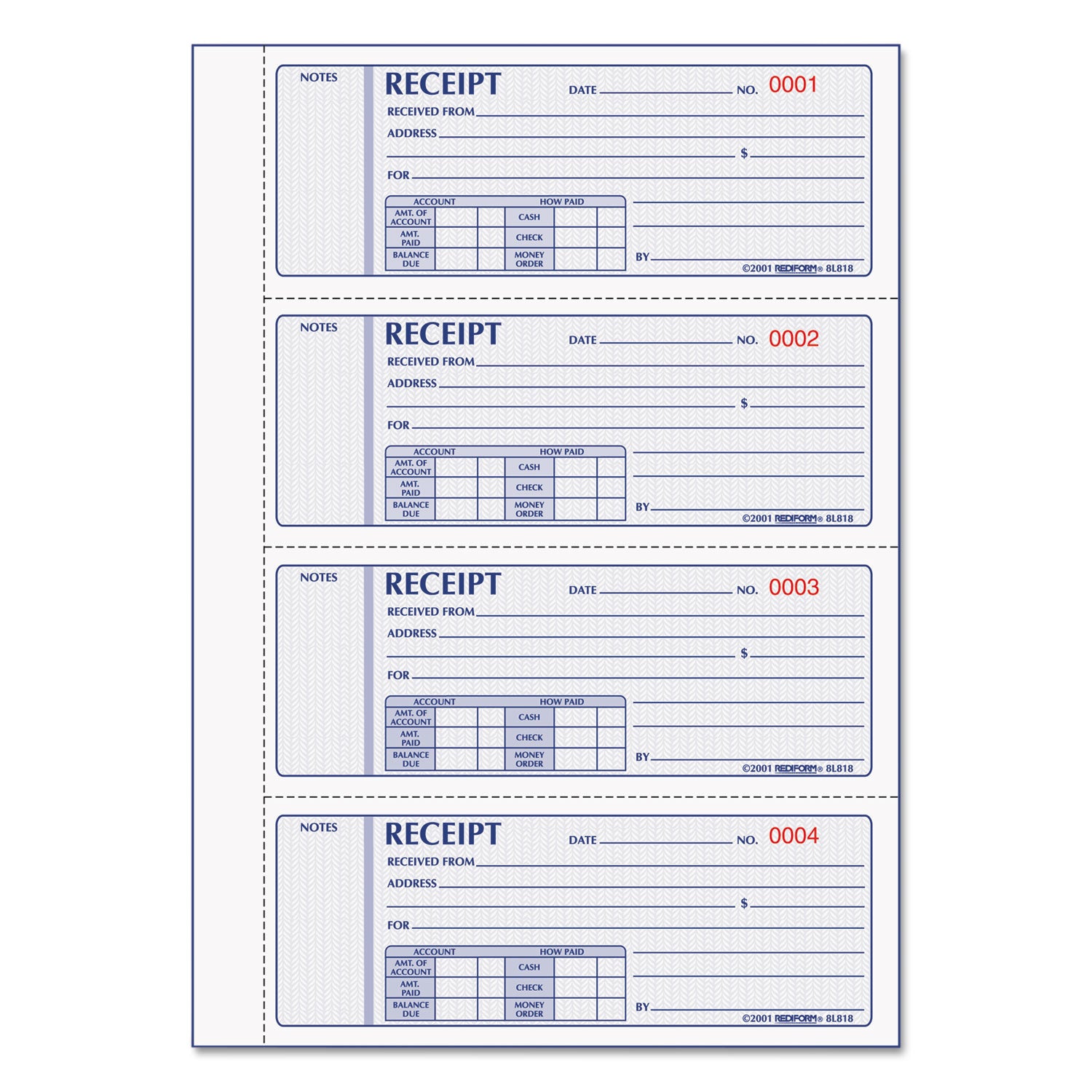 Rediform Money Receipt Book, Hardcover, Three-Part Carbonless, 7 x 2.75, 4 Forms/Sheet, 200 Forms Total (8L818)