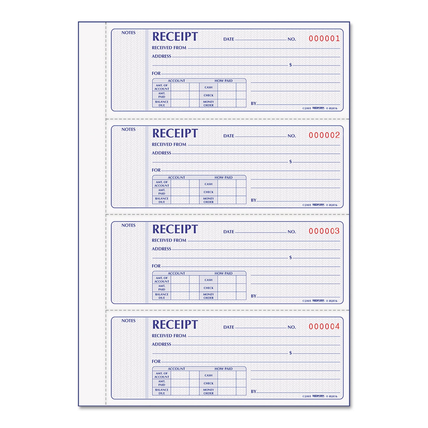 Rediform Receipt Book, Two-Part Carbonless, 7 x 2.75, 4 Forms/Sheet, 400 Forms Total (8L816)