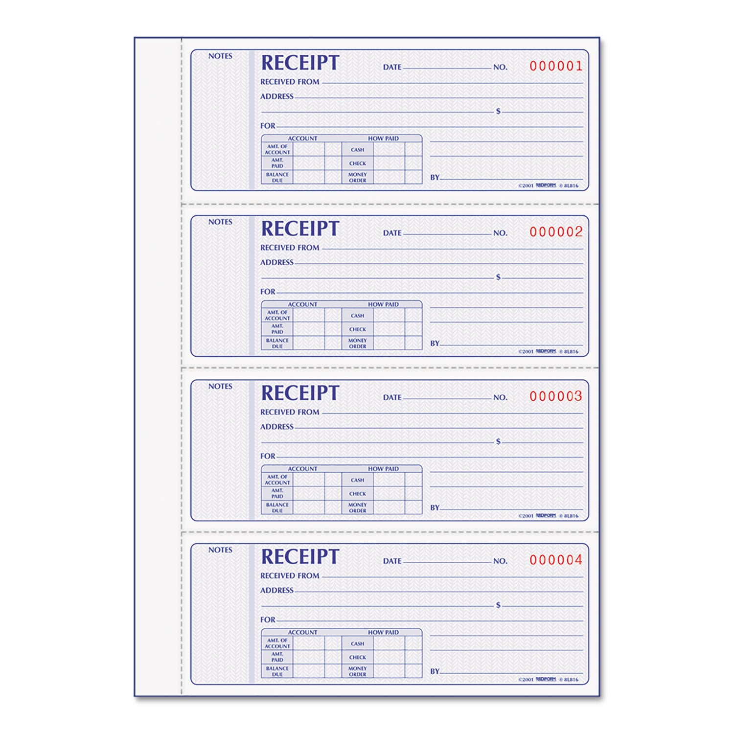 Rediform Receipt Book, Two-Part Carbonless, 7 x 2.75, 4 Forms/Sheet, 400 Forms Total (8L816)