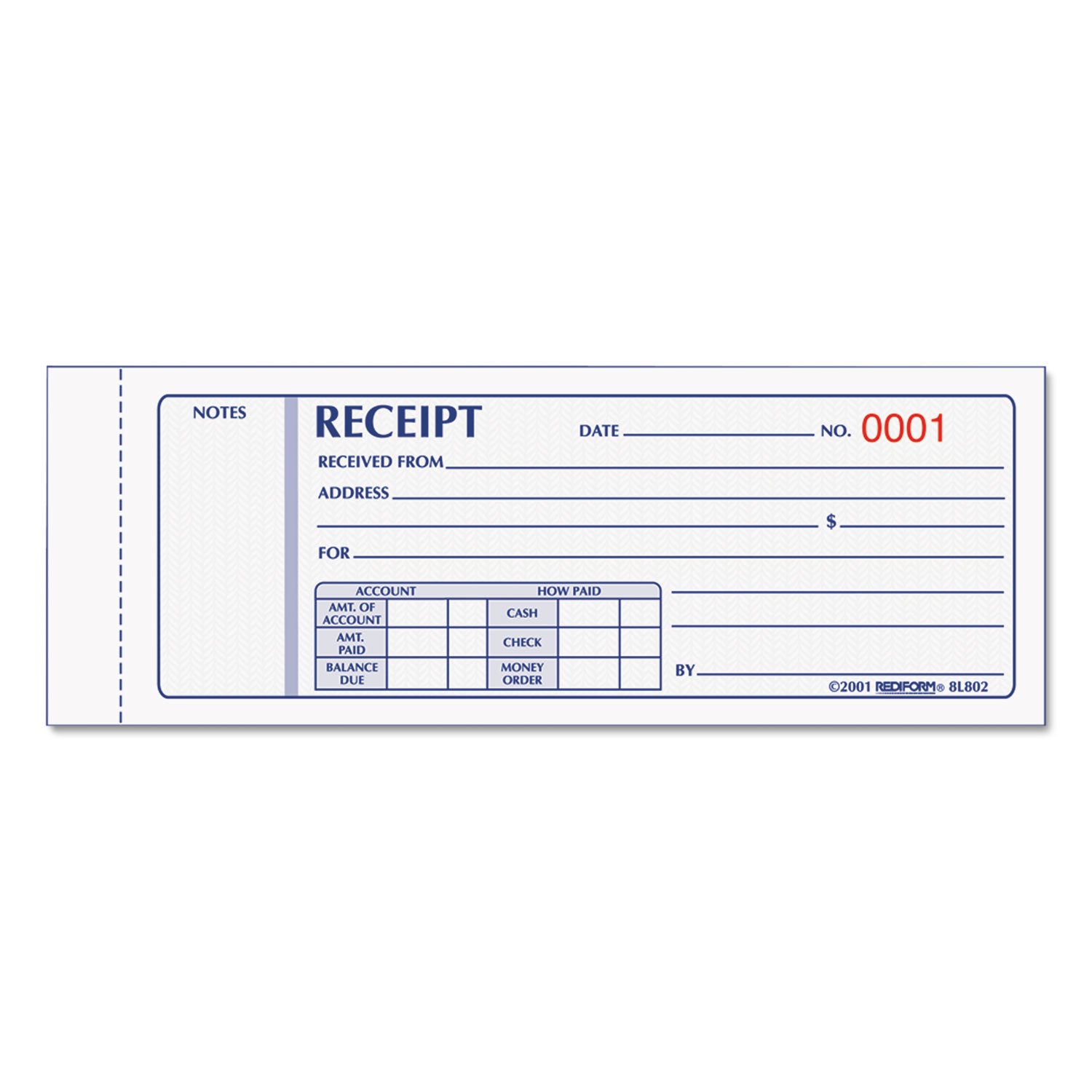 Rediform Receipt Book, Three-Part Carbonless, 7 x 2.75, 4 Forms/Sheet, 50 Forms Total (8L802)