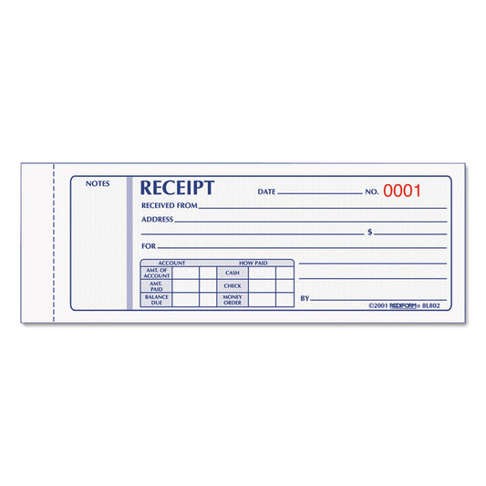 Rediform Receipt Book, Three-Part Carbonless, 7 x 2.75, 4 Forms/Sheet, 50 Forms Total (8L802)