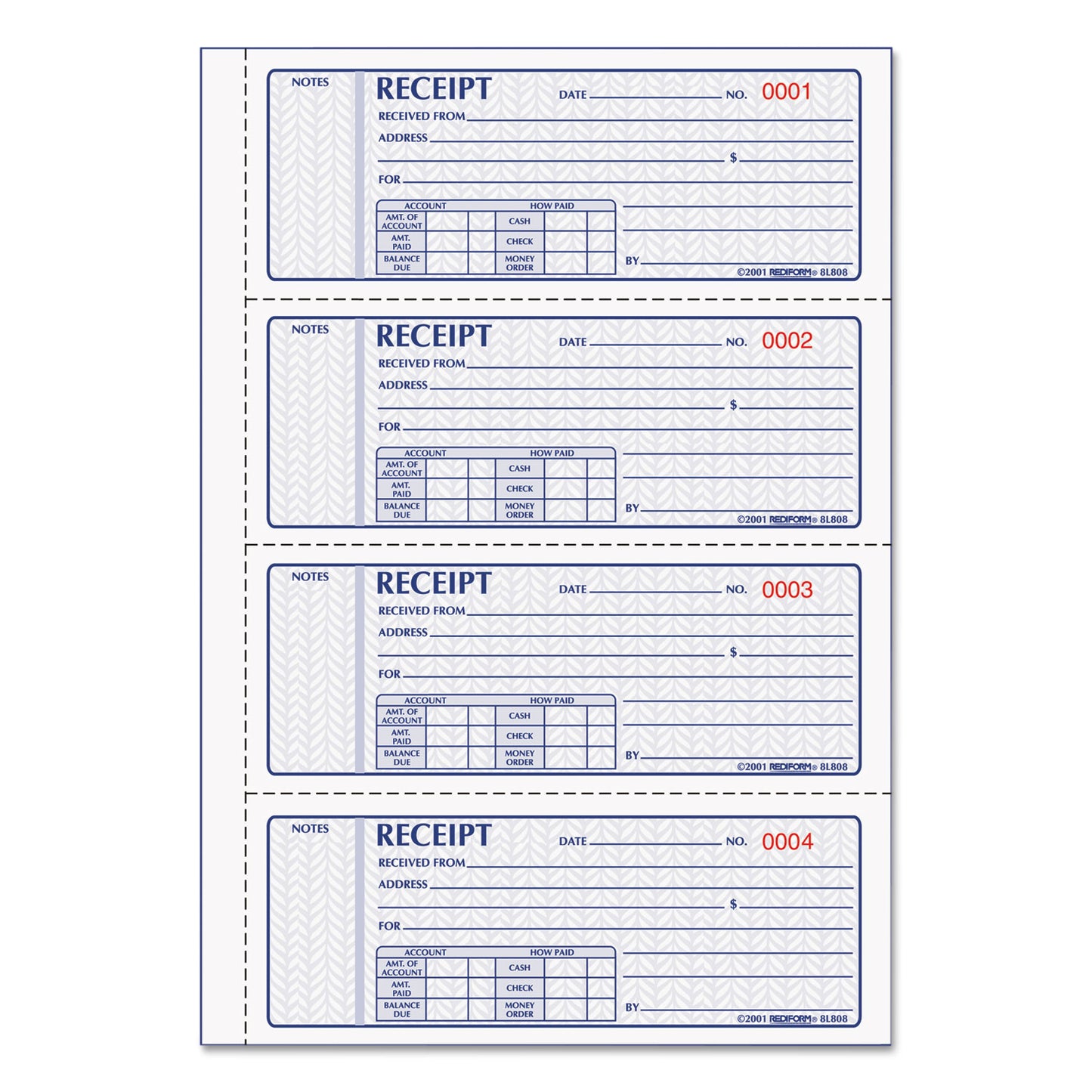 Rediform Money Receipt Book, Softcover, Three-Part Carbonless, 7 x 2.75, 4 Forms/Sheet, 100 Forms Total (8L808)