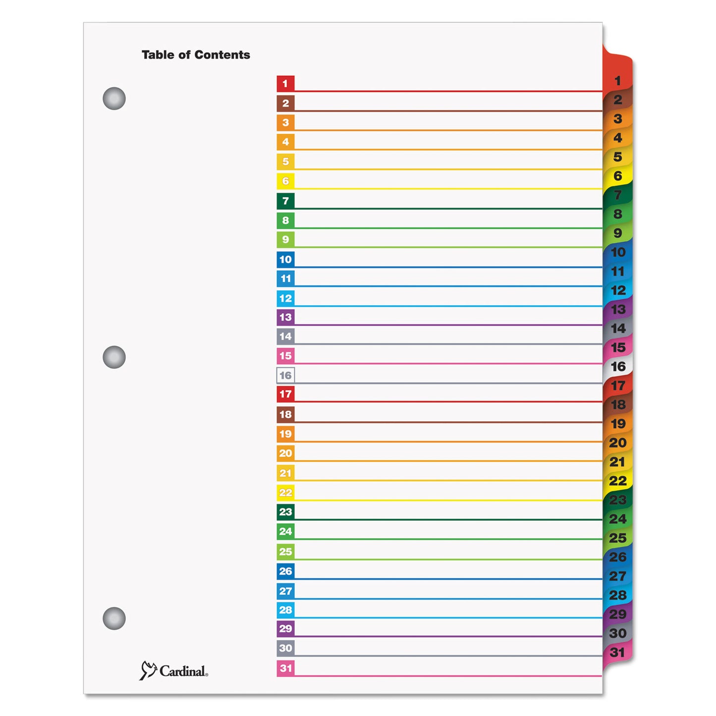 Cardinal OneStep Printable Table of Contents and Dividers, 31-Tab, 1 to 31, 11 x 8.5, White, Assorted Tabs, 1 Set (60118)