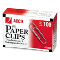 Acco Paper Clips, #3, Smooth, Silver, 100 Clips/Box, 10 Boxes/Pack (72320)