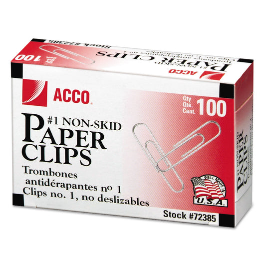 Acco Paper Clips, #1, Nonskid, Silver, 100 Clips/Box, 10 Boxes/Pack (72385)