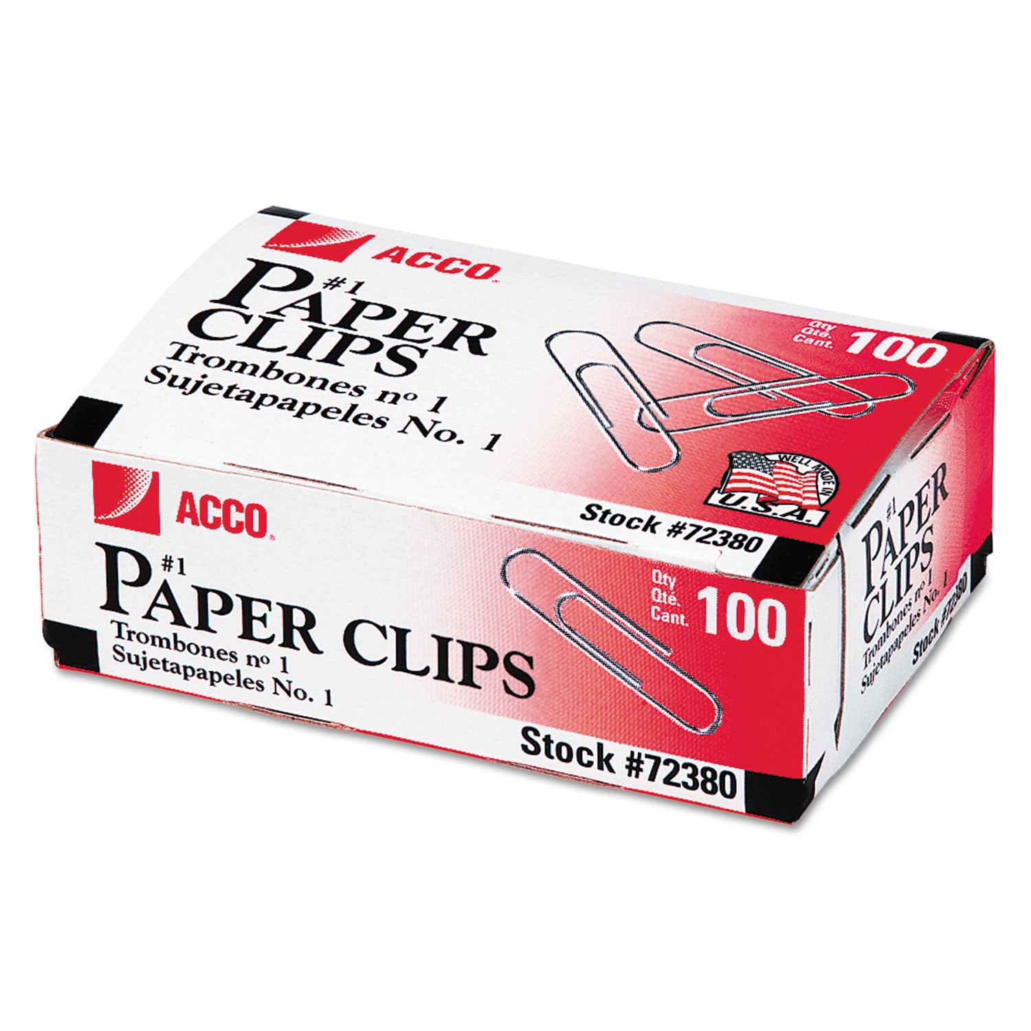 Acco Paper Clips, #1, Smooth, Silver, 100 Clips/Box, 10 Boxes/Pack (72380)