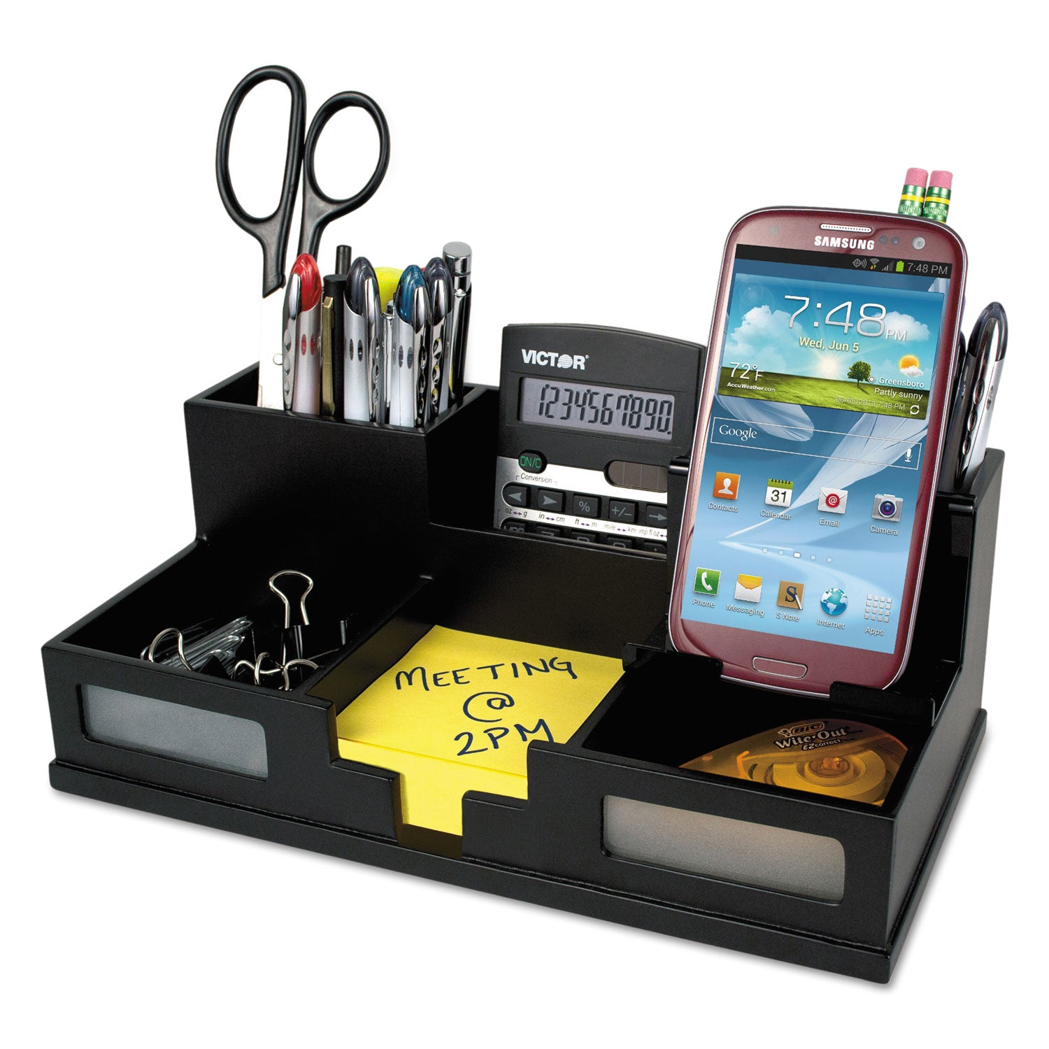 Victor Midnight Black Desk Organizer with Smartphone Holder, 6 Compartments, Wood, 10.5 x 5.5 x 4 (95255)