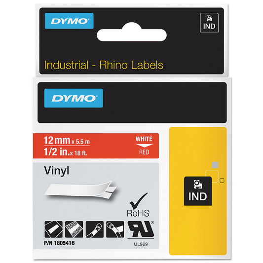 DYMO Rhino Permanent Vinyl Industrial Label Tape, 0.5" x 18 ft, Red/White Print (1805416)