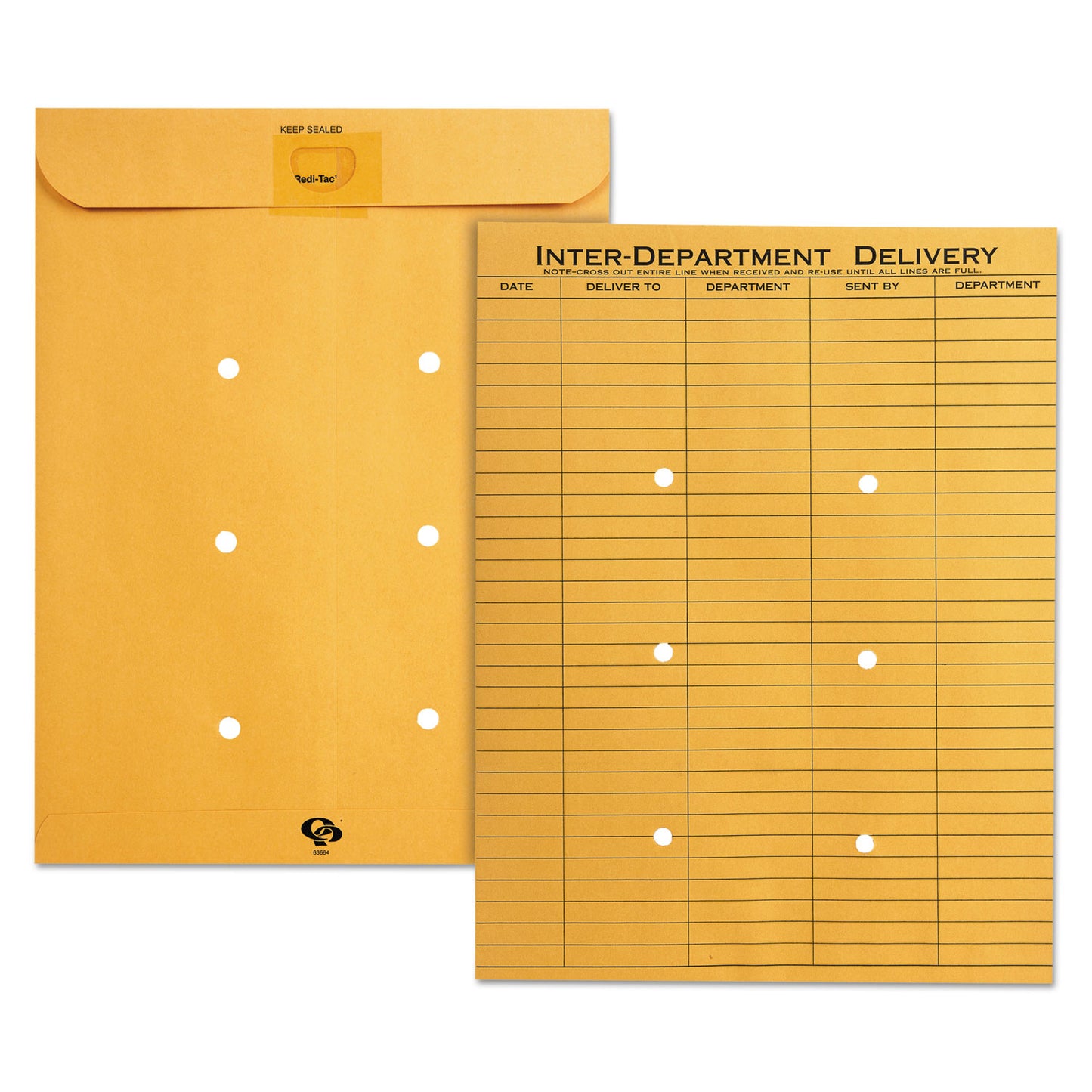Quality Park Brown Kraft Resealable Redi-Tac Interoffice Envelope, #97, One-Sided Five-Column Format, 10 x 13, Brown Kraft, 100/Box (63664)