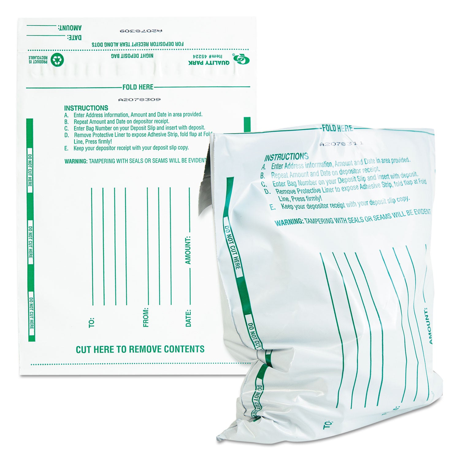 Quality Park Poly Night Deposit Bags with Tear-Off Receipt, 10 x 13, White, 100/Pack (45228)