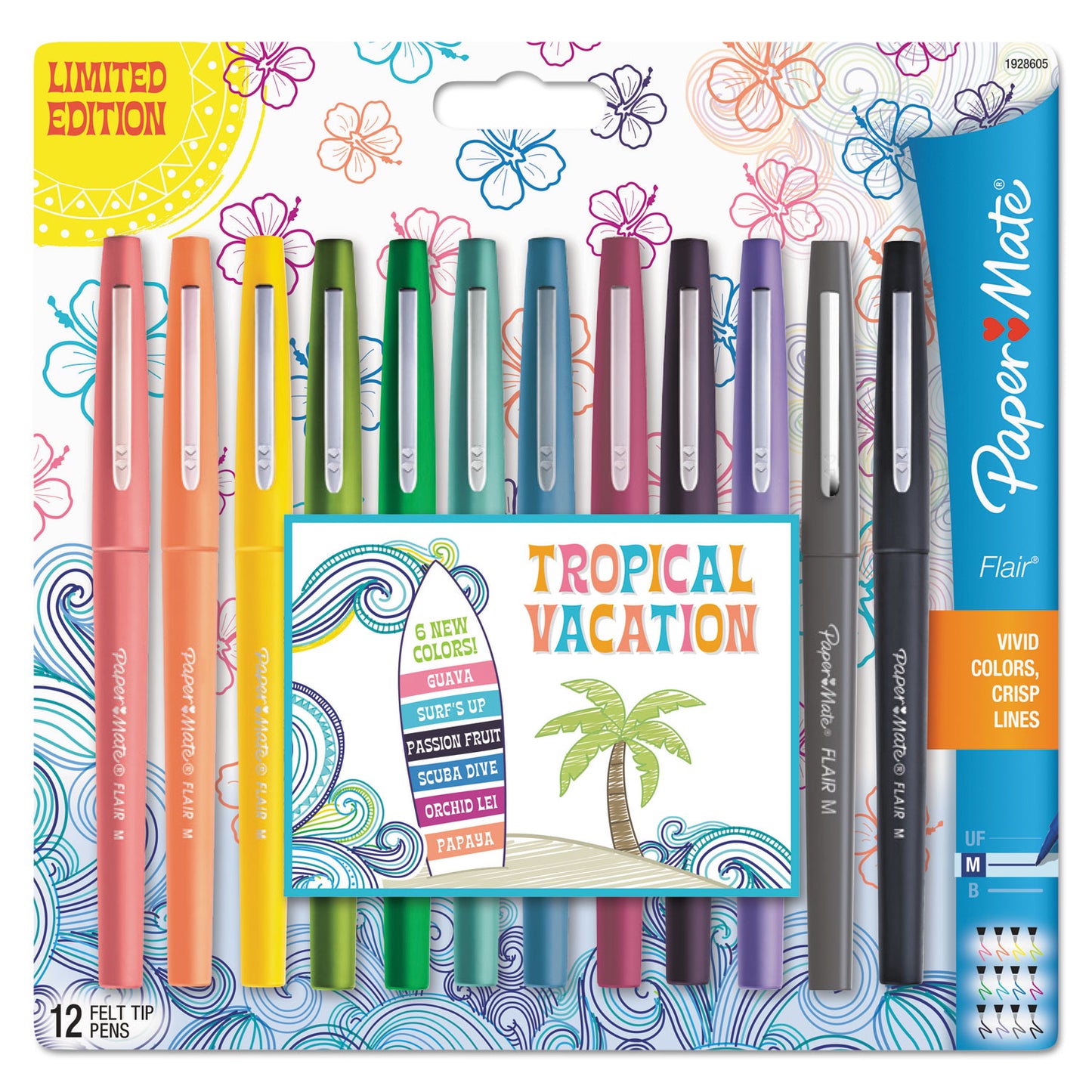 Paper Mate Point Guard Flair Felt Tip Porous Point Pen, Stick, Medium 0.7 mm, Assorted Tropical Vacation Ink and Barrel Colors, Dozen (1928605)