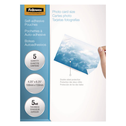 Fellowes Self-Adhesive Laminating Pouches, 5 mil, 4.25" x 6.25", Gloss Clear, 5/Pack (5220401)