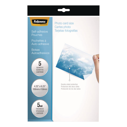 Fellowes Self-Adhesive Laminating Pouches, 5 mil, 4.25" x 6.25", Gloss Clear, 5/Pack (5220401)