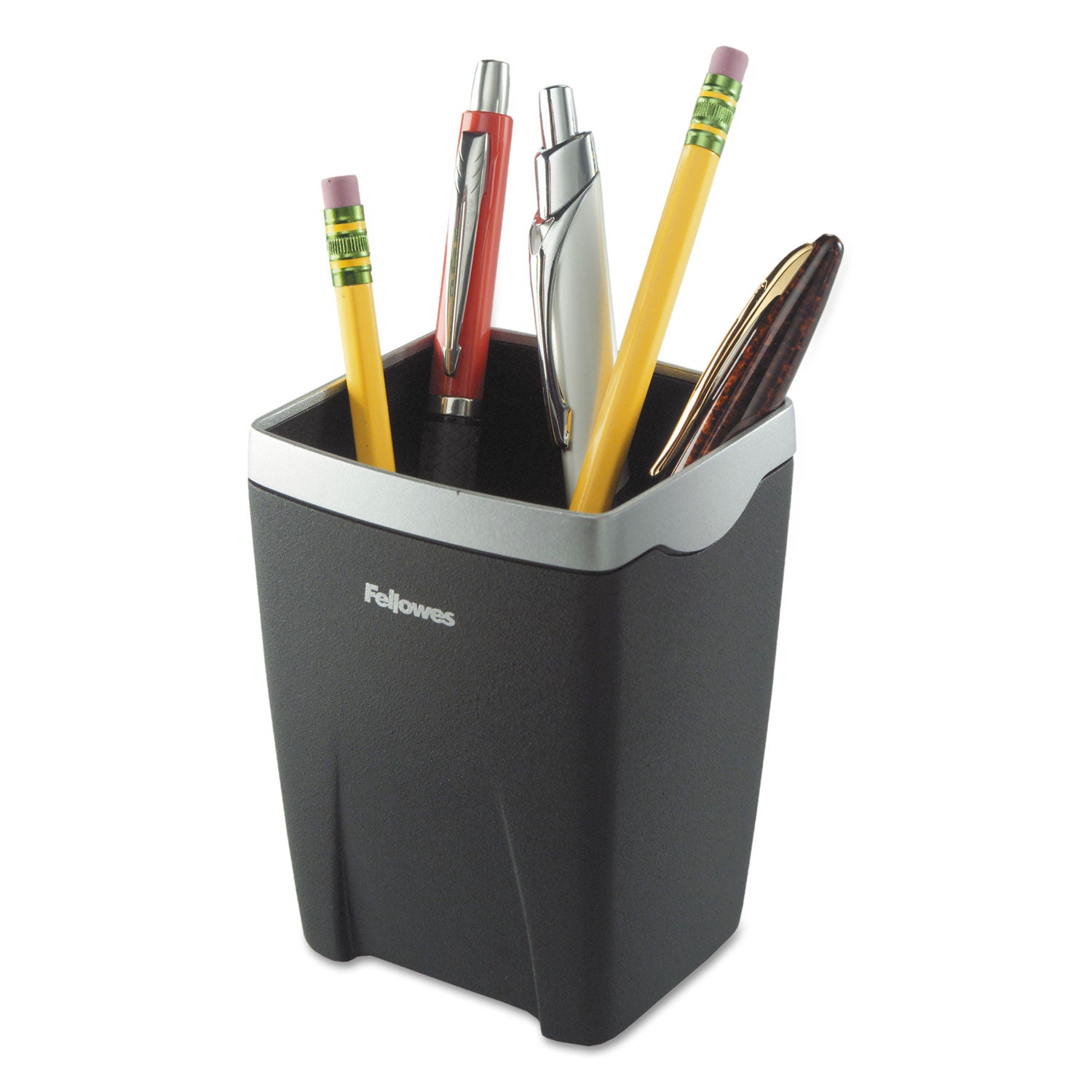 Fellowes Office Suites Divided Pencil Cup, Plastic, 3.13 x 3.13 x 4.25, Black/Silver (8032301)