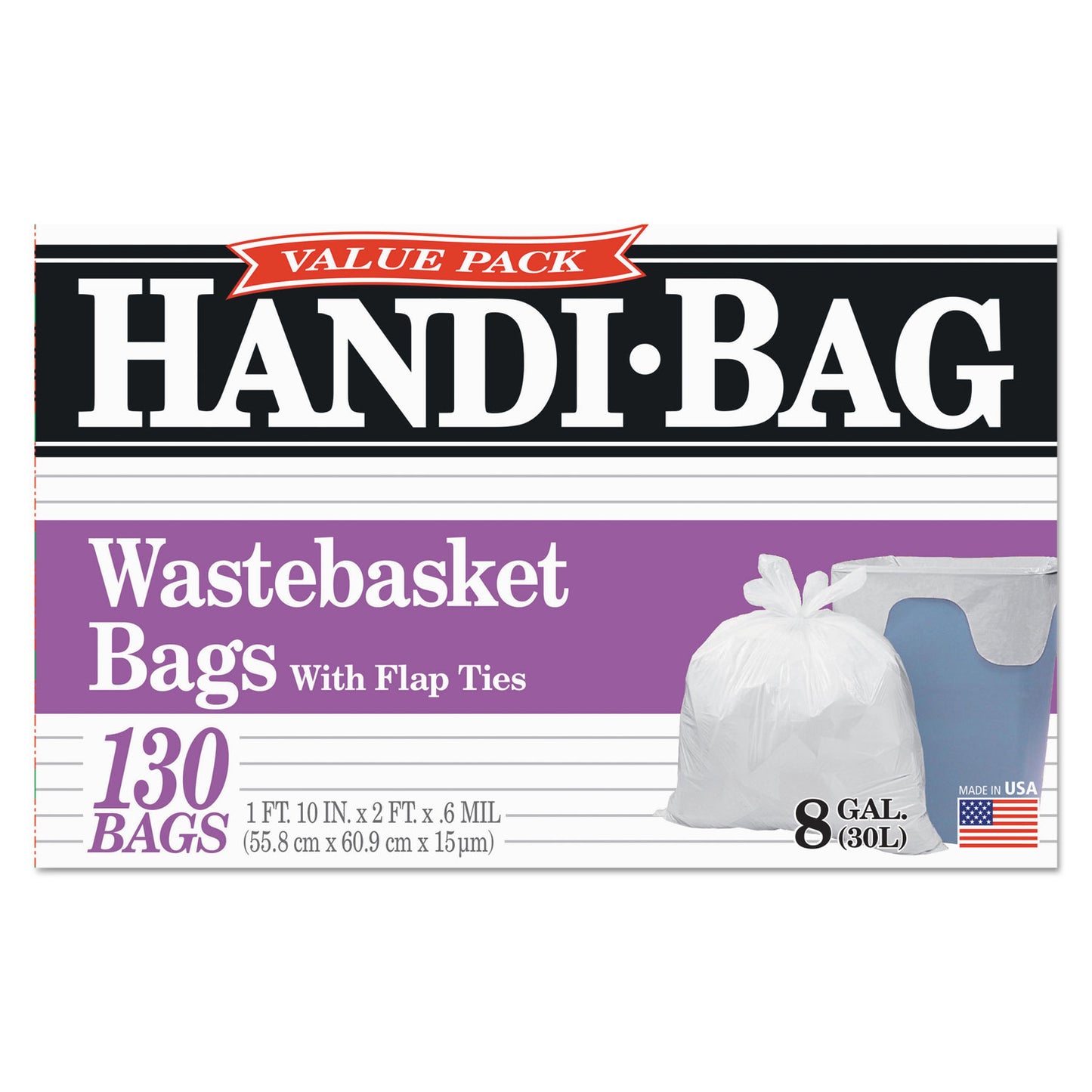 Handi-Bag Super Value Pack Can Liners, 8 gal, 0.6 mil, 22" x 24", White, 130/Box (HAB6FW130)