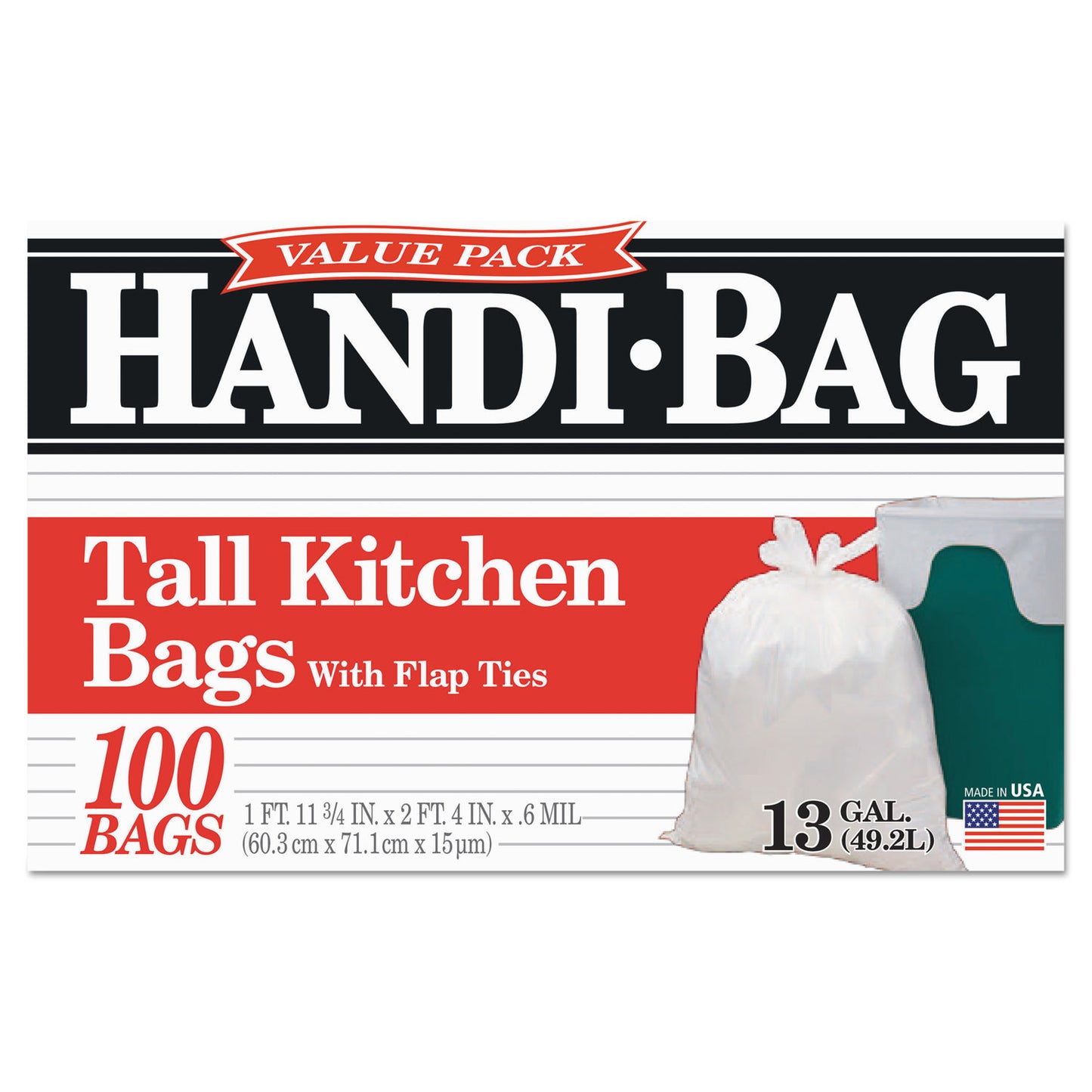 Handi-Bag Super Value Pack Can Liners, 13 gal, 0.6 mil, 23.75" x 28", White, 100/Box (HAB6FK100)