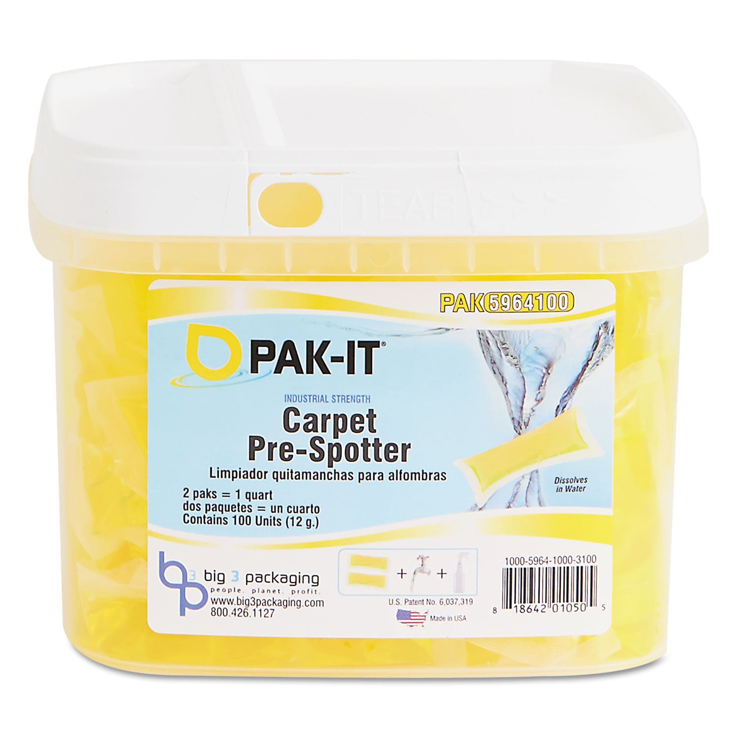 Carpet Pre-Spotter, Citrus Scent, 100 PAK-ITs/Tub, 4 Tubs/Carton (5964203400CT)