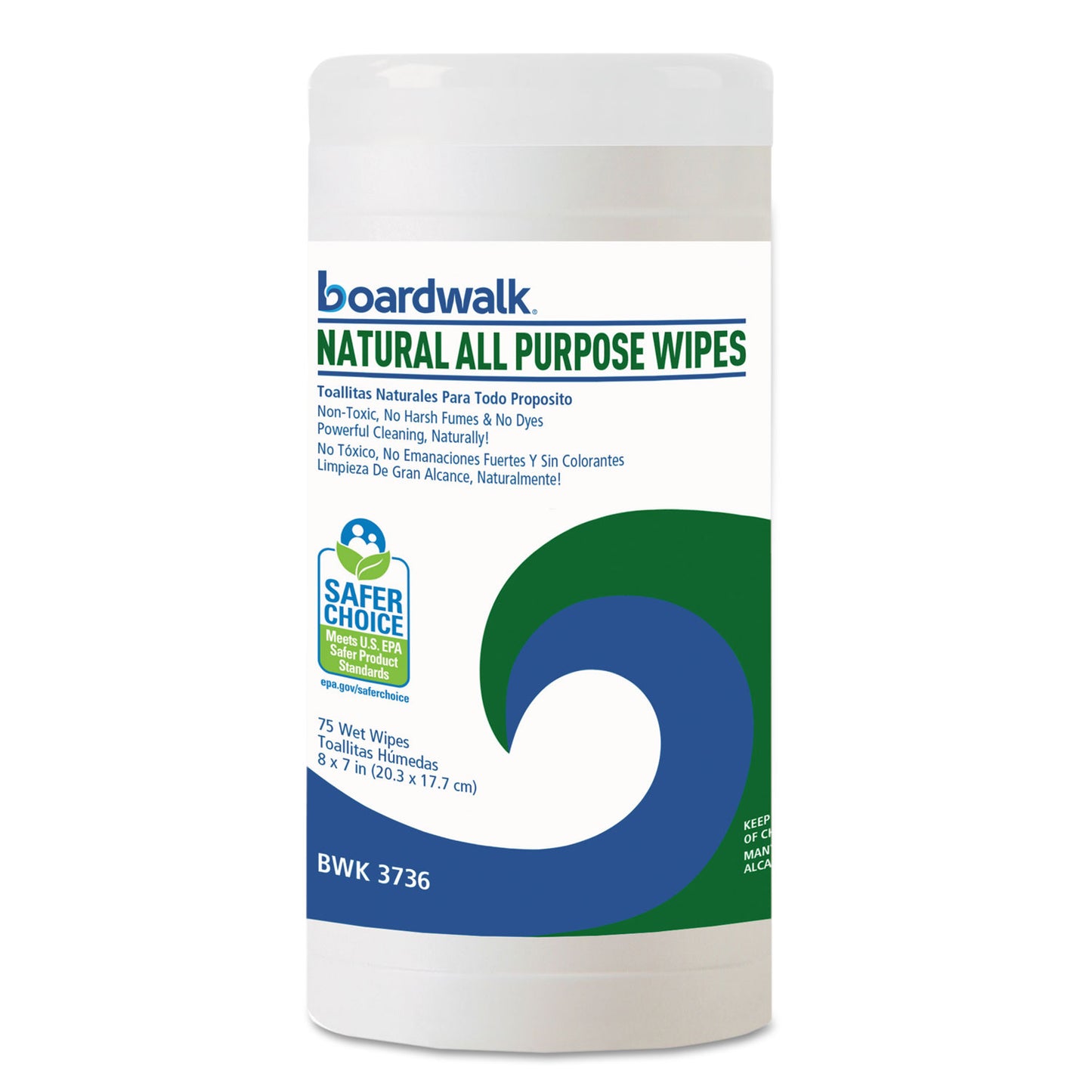 Boardwalk Natural All Purpose Wipes, 7 x 8, Unscented, White, 75 Wipes/Canister, 6 Canisters/Carton (4736)