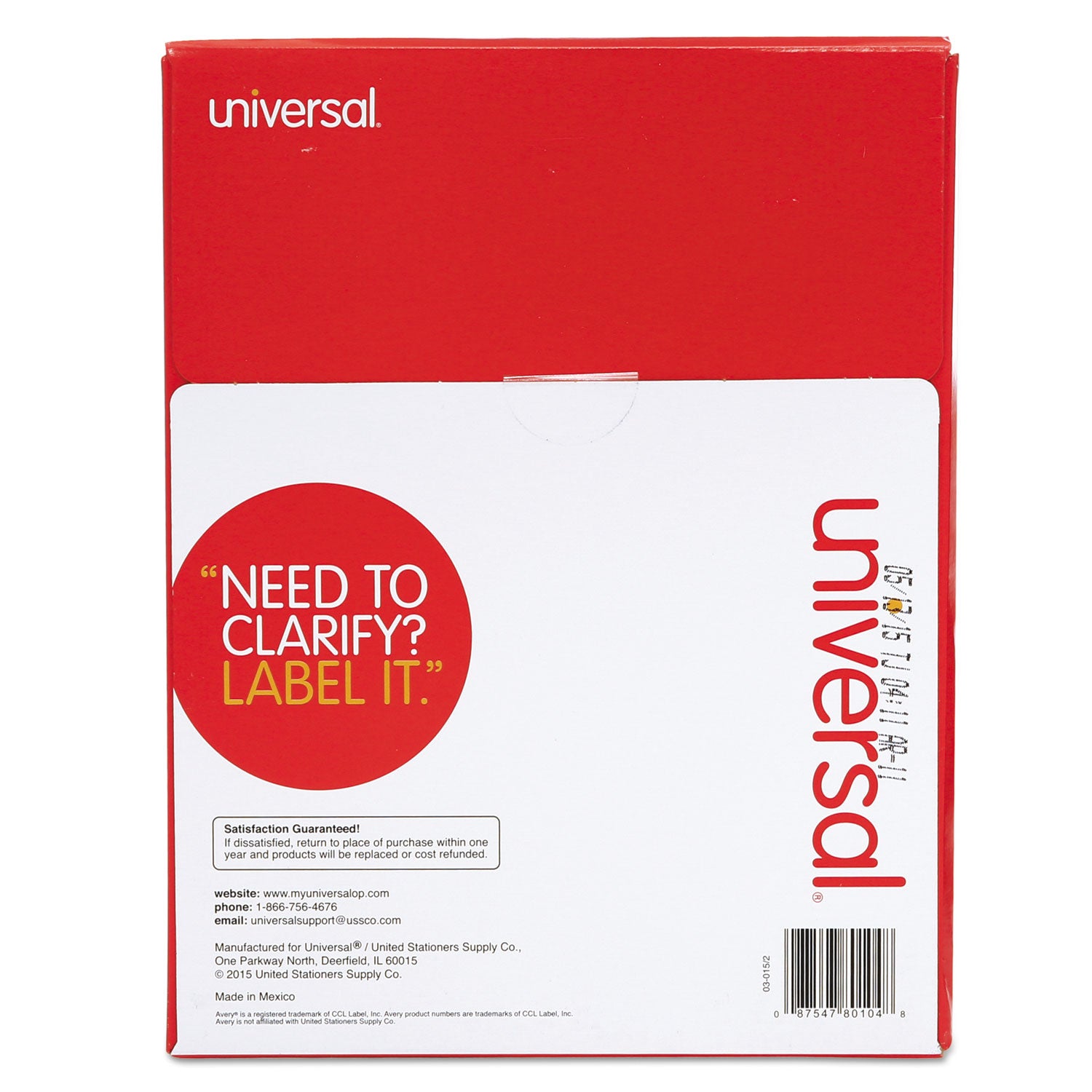 Universal White Labels, Inkjet/Laser Printers, 1 x 4, White, 20/Sheet, 100 Sheets/Box (80104)