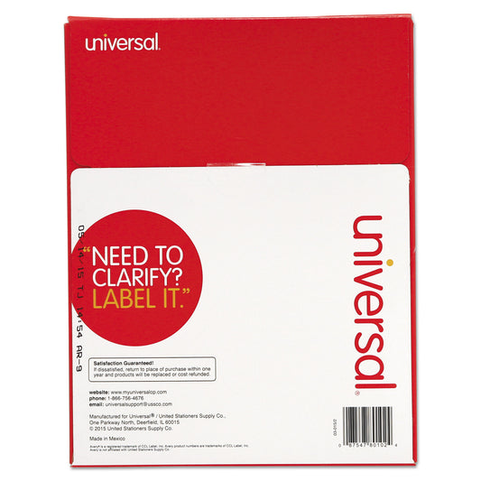 Universal White Labels, Inkjet/Laser Printers, 1 x 2.63, White, 30/Sheet, 100 Sheets/Box (80102)