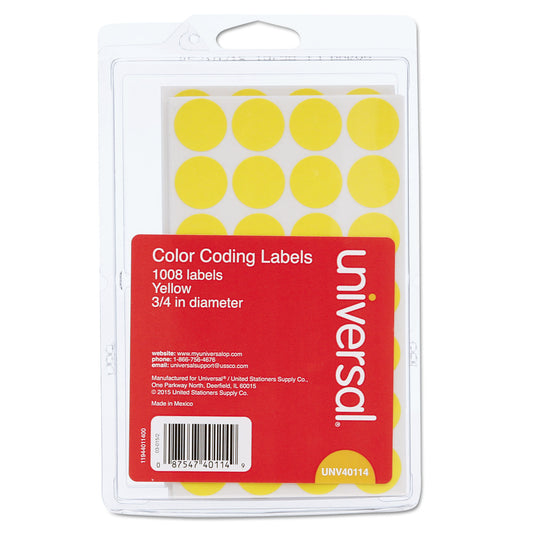 Universal Self-Adhesive Removable Color-Coding Labels, 0.75" dia, Yellow, 28/Sheet, 36 Sheets/Pack (40114)