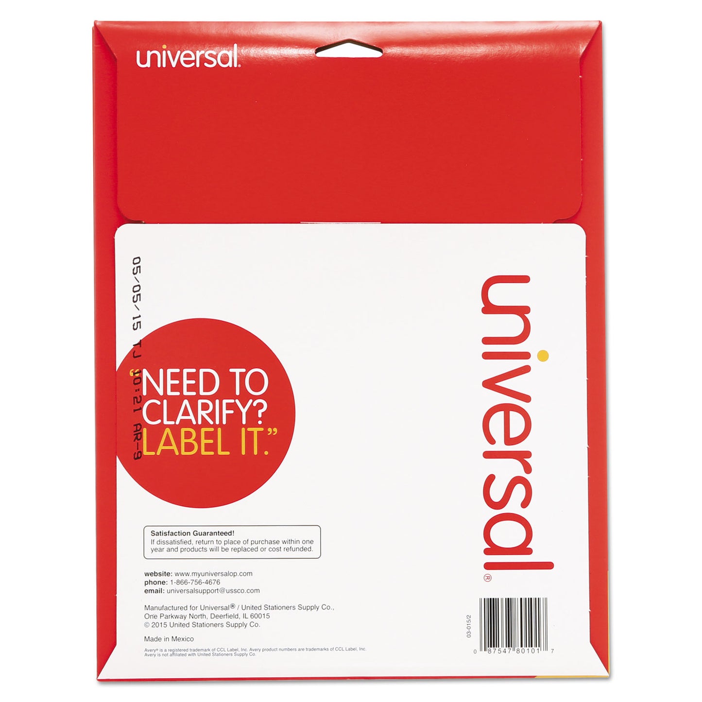 Universal White Labels, Inkjet/Laser Printers, 1 x 2.63, White, 30/Sheet, 25 Sheets/Pack (80101)