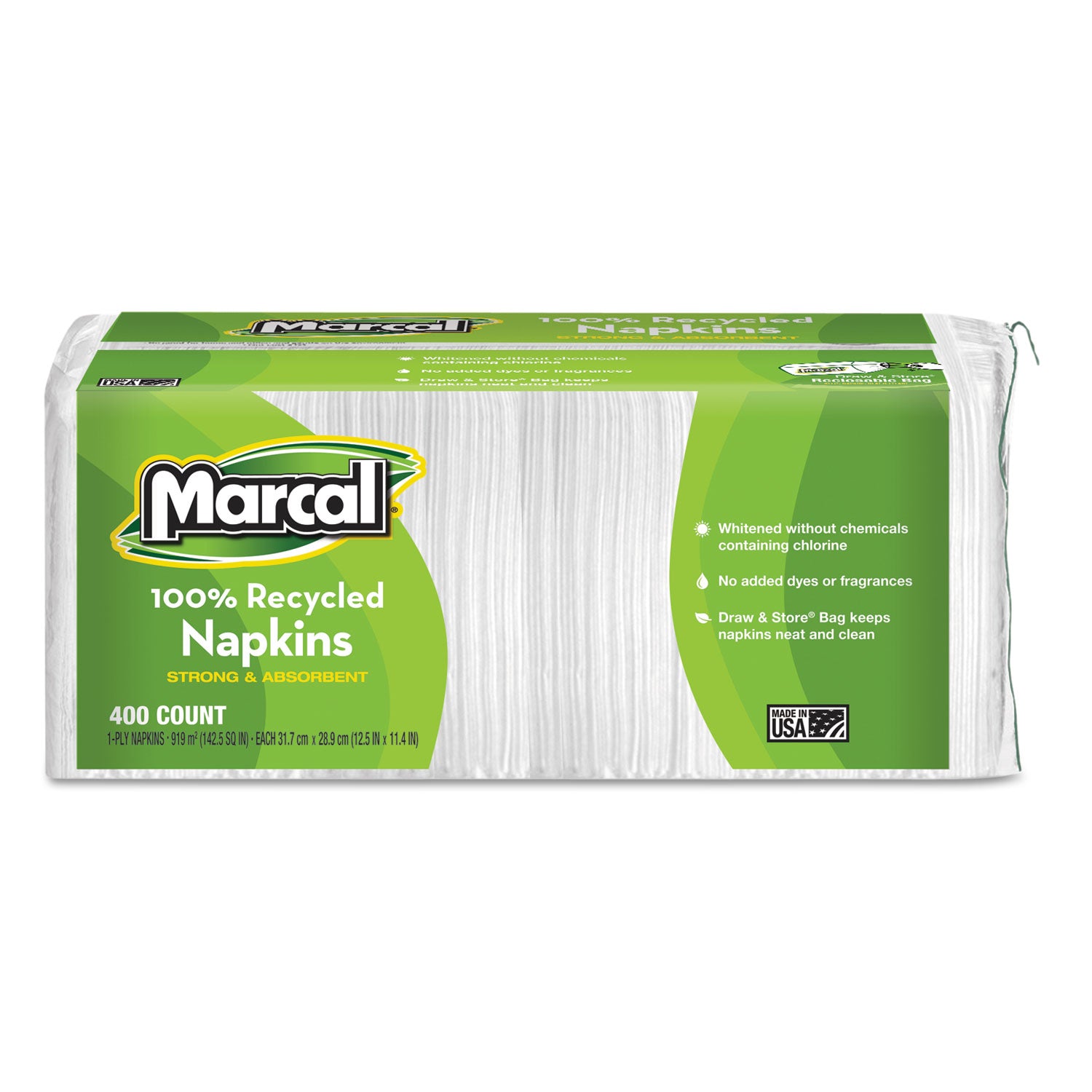 Marcal 100% Recycled Lunch Napkins, 1-Ply, 11.4 x 12.5, White, 400/Pack (6506PK)