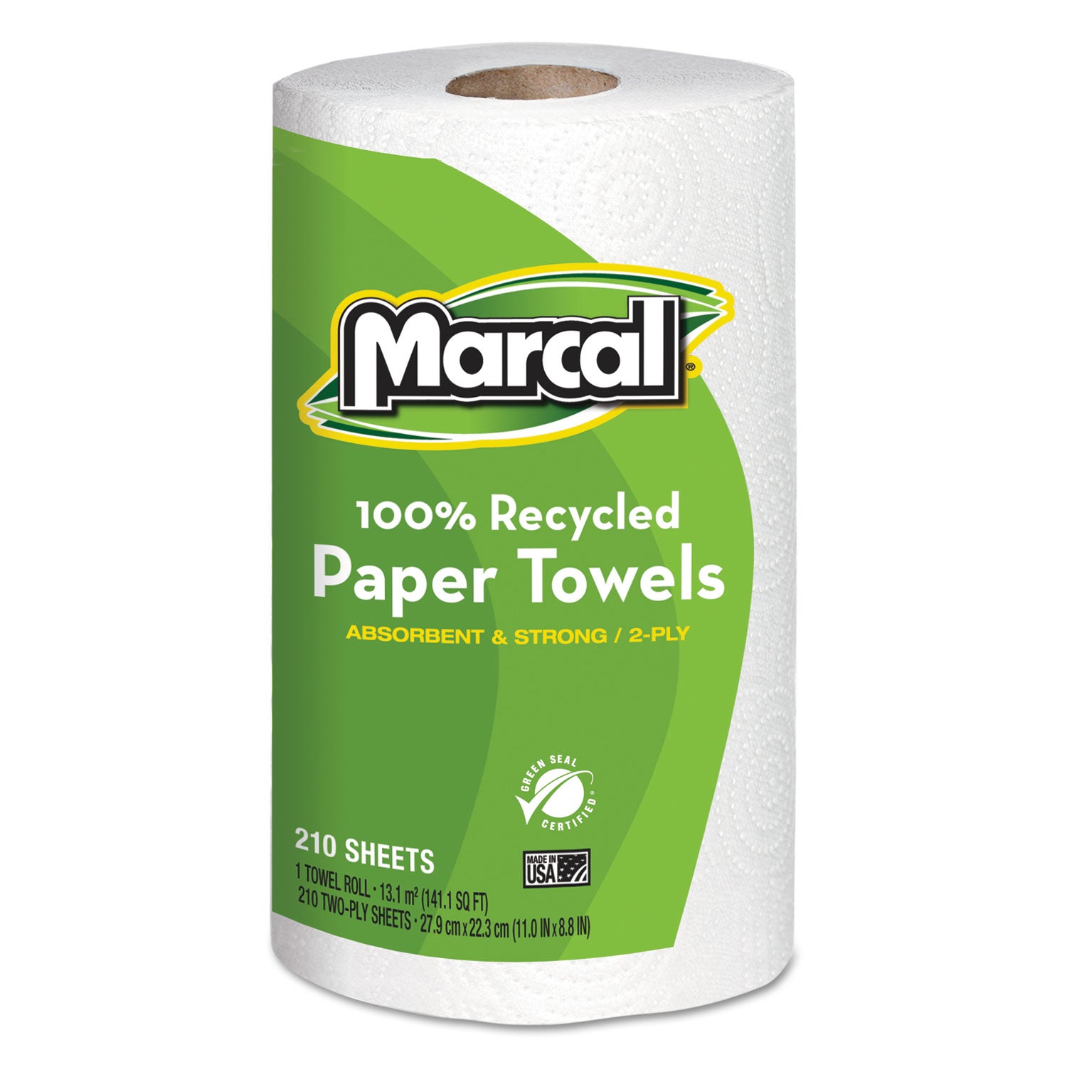 Marcal 100% Premium Recycled Kitchen Roll Towels, 2-Ply, 11 x 8.8, White, 210 Sheets, 12 Rolls/Carton (6210)