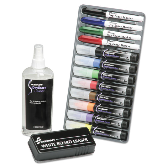 AbilityOne 7520013656126, SKILCRAFT 12-Marker Dry Erase System, Assorted Tip Sizes/Types, Assorted Colors, 12/Kit