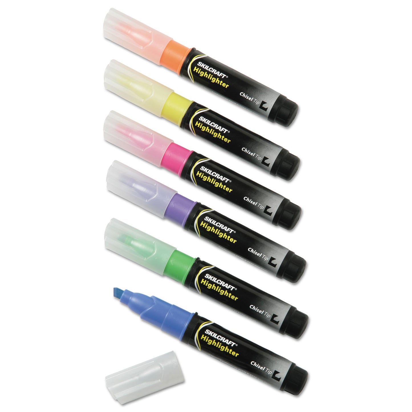 AbilityOne 7520013837943, SKILCRAFT Large Fluorescent Highlighter, Assorted Ink Colors, Chisel Tip, Assorted Barrel Colors, 6/Set