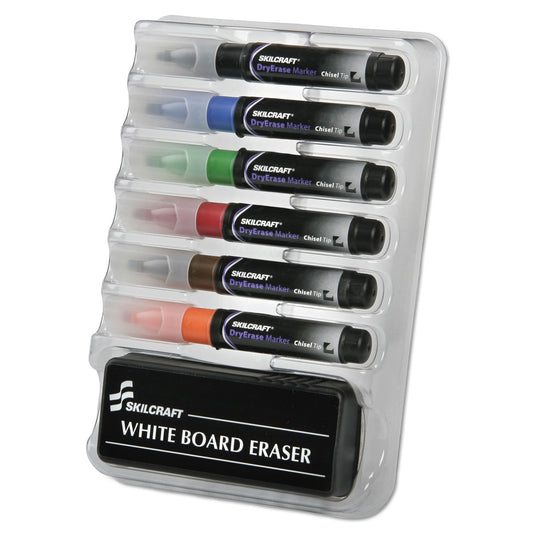 AbilityOne 7520013527321, SKILCRAFT 6-Marker Dry Erase Kit, Broad Chisel Tip, Assorted Colors, 6/Set