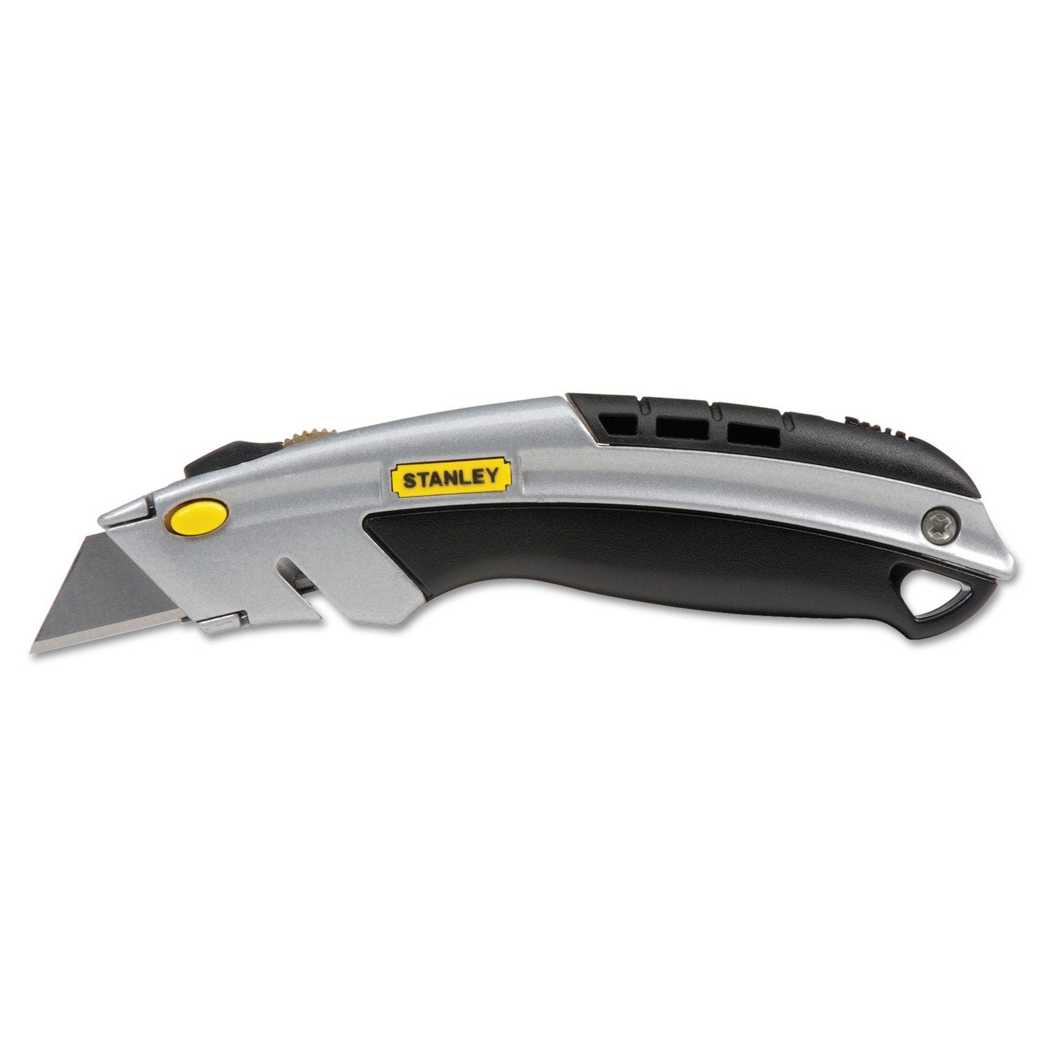 Stanley Curved Quick-Change Utility Knife, Stainless Steel Retractable Blade, 3 Blades, 6.5" Metal Handle, Black/Chrome (10788)