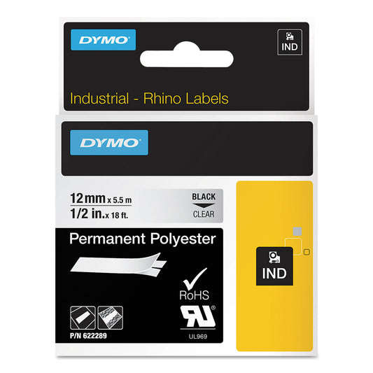 DYMO Rhino Permanent Vinyl Industrial Label Tape, 0.5" x 18 ft, Clear/Black Print (622289)