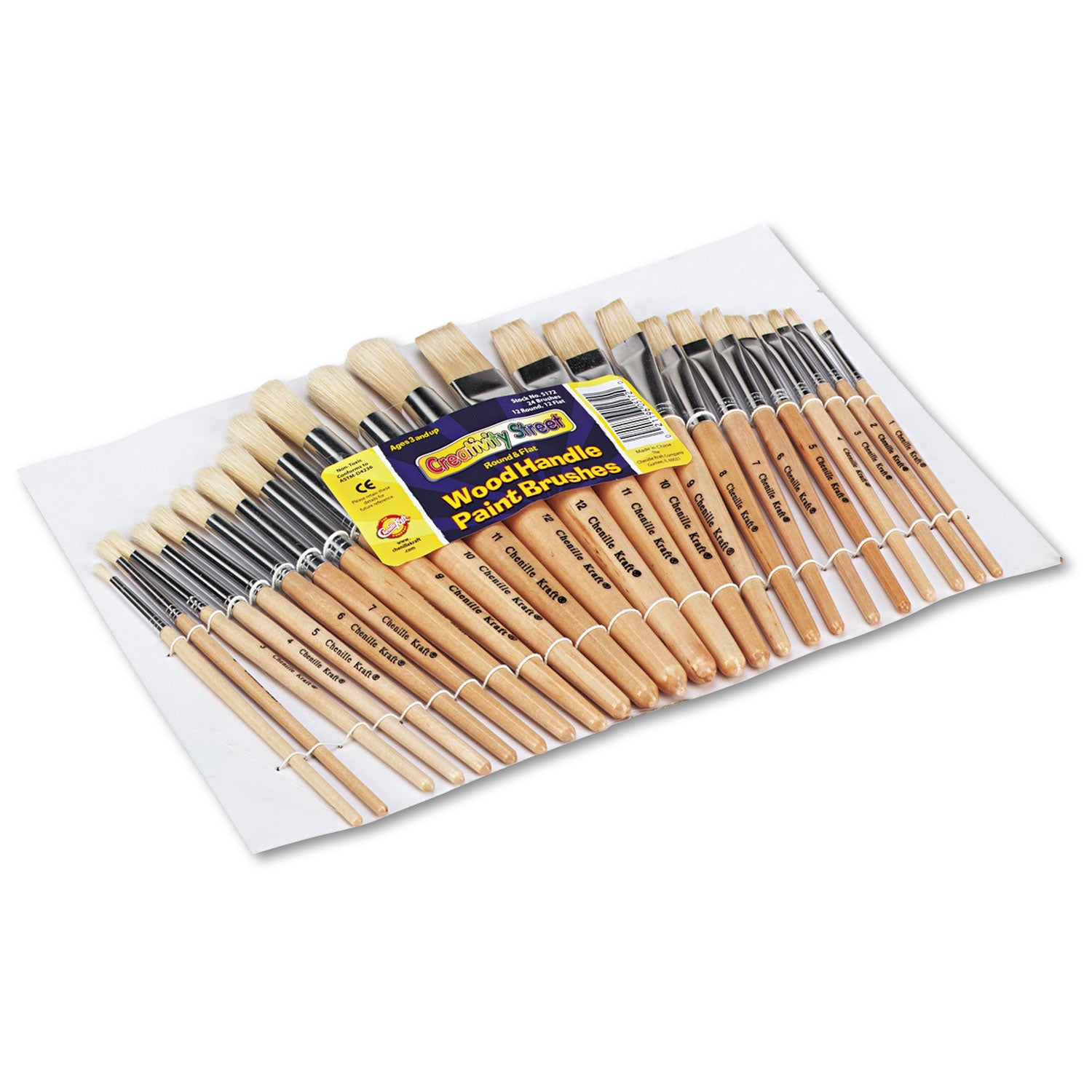 Creativity Street Preschool Brush Set, Sizes 1-12, Natural Bristle, Flat