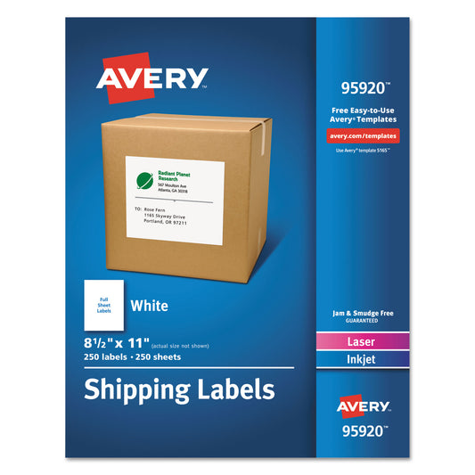 Avery White Shipping Labels-Bulk Packs, Inkjet/Laser Printers, 8.5 x 11, White, 250/Box (95920)