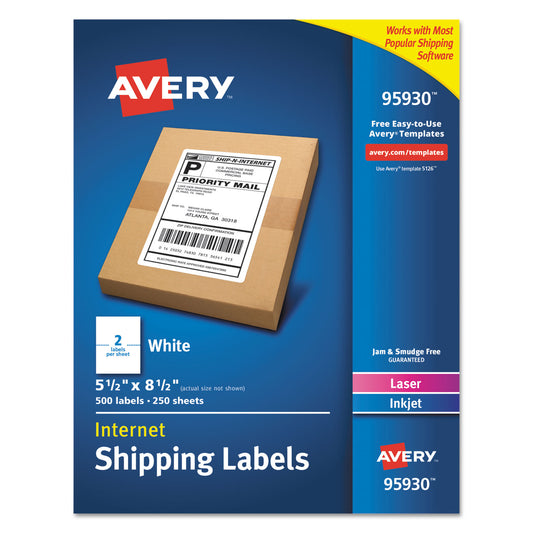 Avery White Shipping Labels-Bulk Packs, Inkjet/Laser Printers, 5.5 x 8.5, White, 2/Sheet, 250 Sheets/Box (95930)