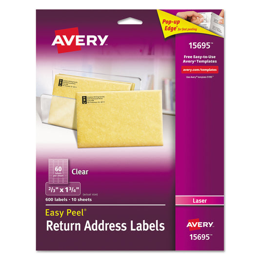 Avery Matte Clear Easy Peel Mailing Labels w/ Sure Feed Technology, Laser Printers, 0.66 x 1.75, Clear, 60/Sheet, 10 Sheets/Pack (15695)