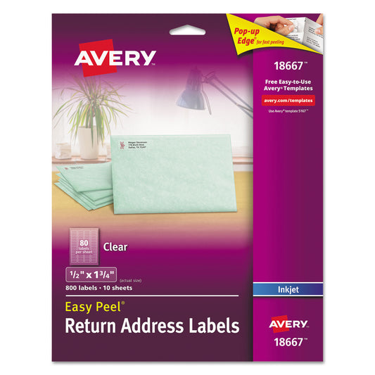 Avery Matte Clear Easy Peel Mailing Labels w/ Sure Feed Technology, Inkjet Printers, 0.5 x 1.75, Clear, 80/Sheet, 10 Sheets/Pack (18667)