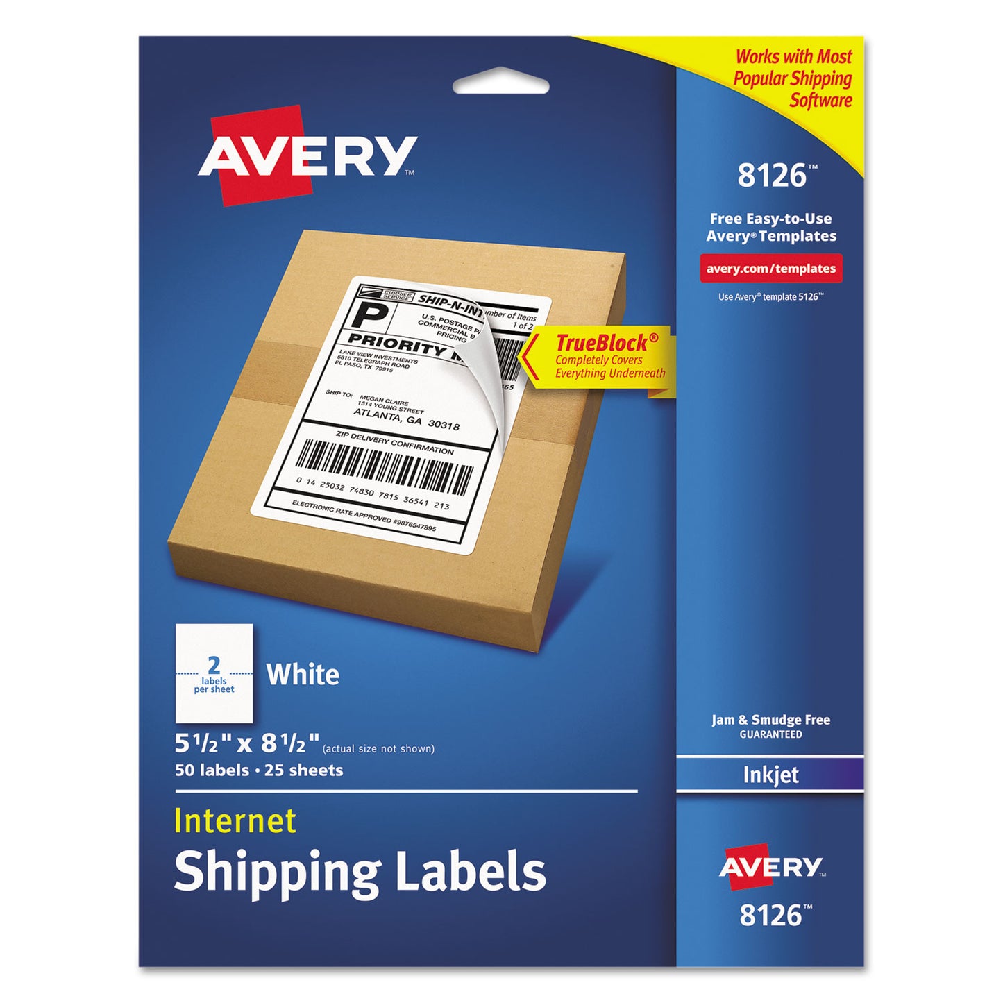 Avery Shipping Labels w/ TrueBlock Technology, Inkjet Printers, 5.5 x 8.5, White, 2/Sheet, 25 Sheets/Pack (8126) - 2 Pack