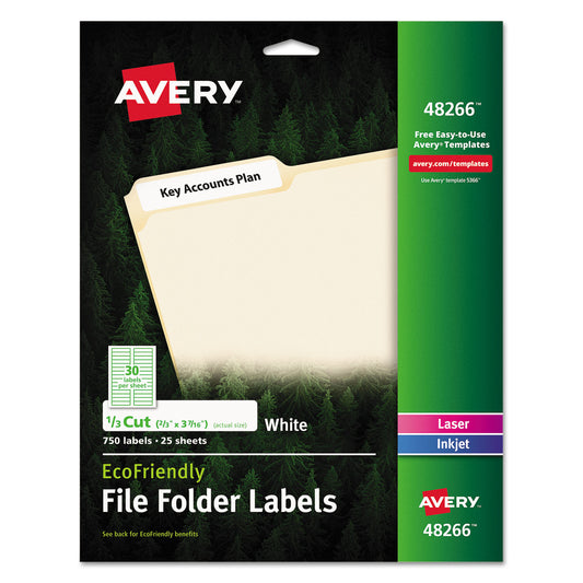 Avery EcoFriendly Permanent File Folder Labels, 0.66 x 3.44, White, 30/Sheet, 25 Sheets/Pack (48266)