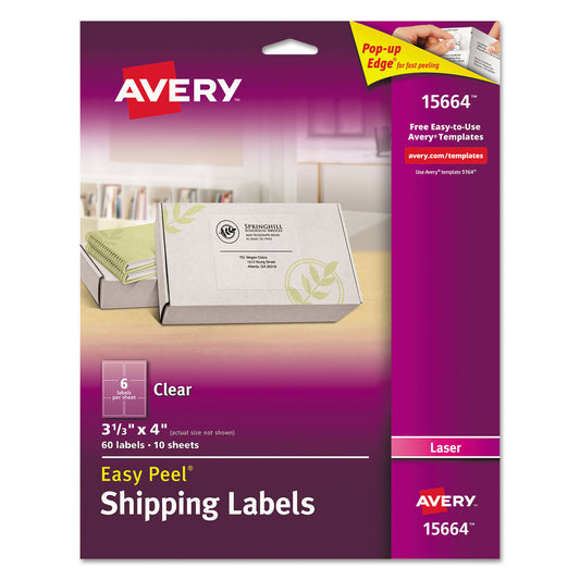 Avery Matte Clear Easy Peel Mailing Labels w/ Sure Feed Technology, Laser Printers, 3.33 x 4, Clear, 6/Sheet, 10 Sheets/Pack (15664)