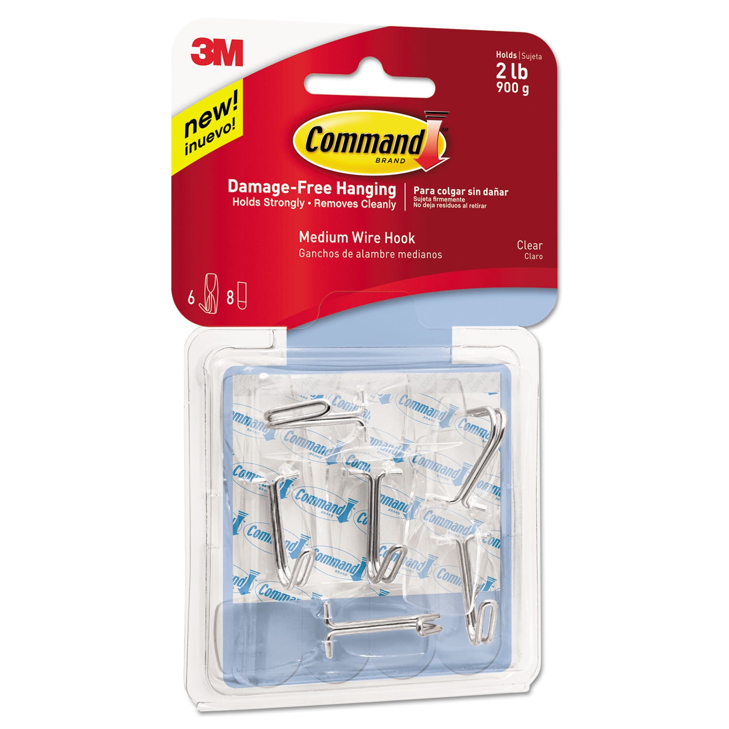 Command Clear Hooks and Strips, Medium, Plastic, 2 lb Capacity, 6 Hooks and 8 Strips/Pack (17065CLRVPES)